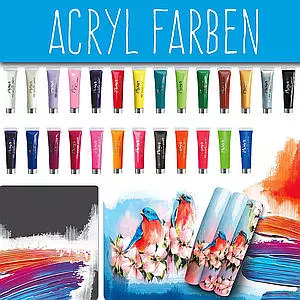 Nailart Acrylfarben auf Wasserbasis in über 40 Farben, mit hoher Deckkraft, schnell trocken, strahlende Farben